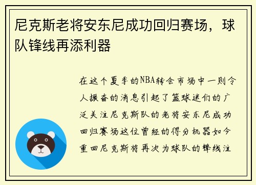 尼克斯老将安东尼成功回归赛场，球队锋线再添利器